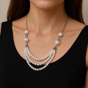 Faux Pearl necklace 4 strand Silvertone chain 18.5” plus 2.5” extender